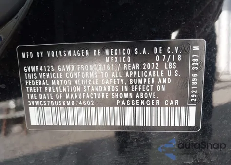 2019 Volkswagen Jetta 1.4T R-Line/1.4T S/1.4T Se from USA, damaged, VIN 3VWC57BU5KM074602